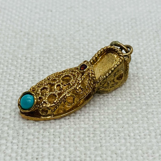 Ornate Ladies Shoe with Turquoise Stone in the Toe Gold Charm or Pendant