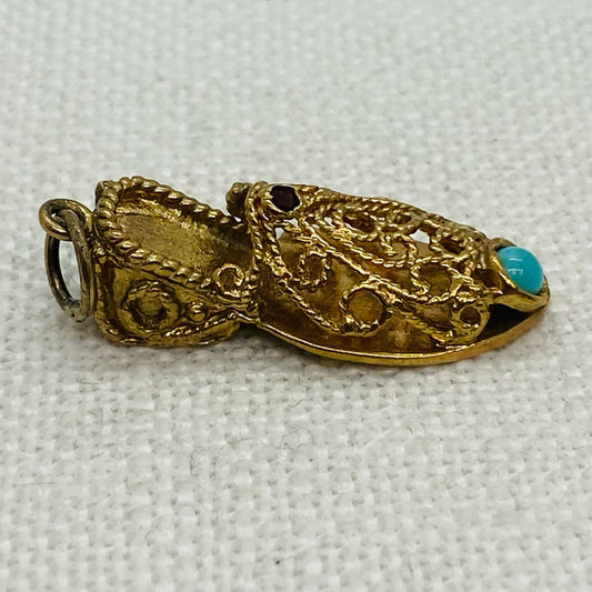 Ornate Ladies Shoe with Turquoise Stone in the Toe Gold Charm or Pendant