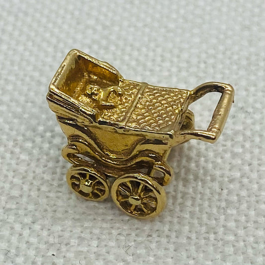 Baby in Carriage Articulated Gold Charm Pendant