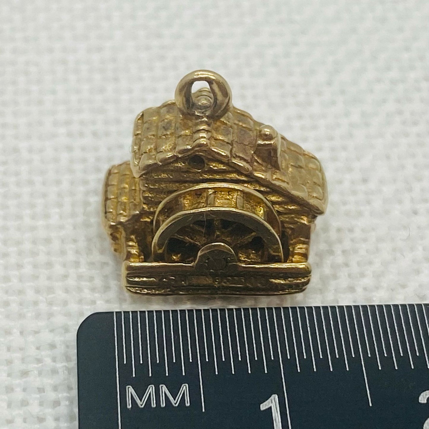 Old Building with Water Wheel Vintage Gold Charm Pendant