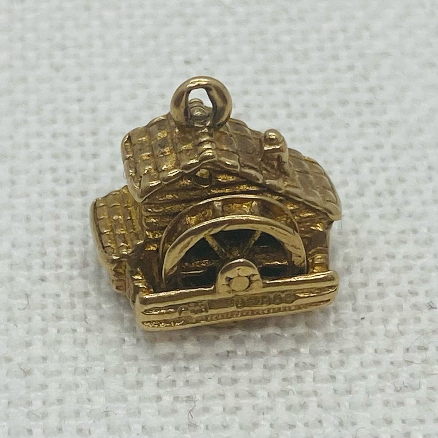 Old Building with Water Wheel Vintage Gold Charm Pendant